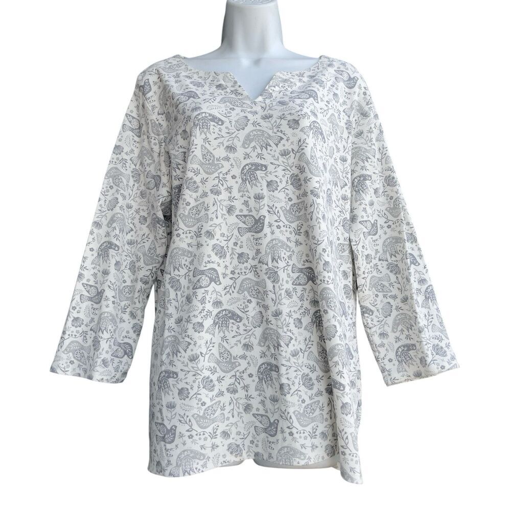 Croft & Barrow Top White & Gray Folk Bird Floral Prints Blouse Women's Size XL